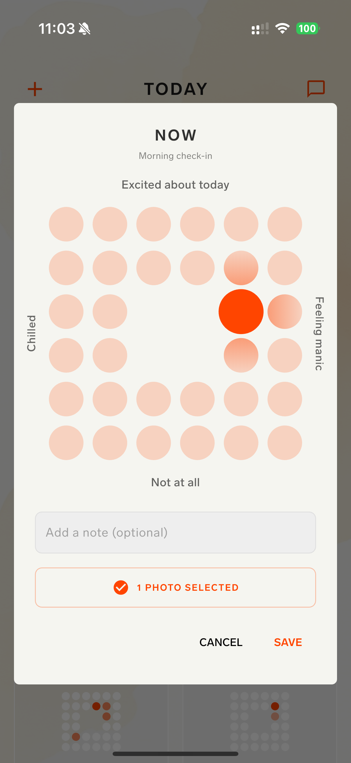 Emotion map — tap a grid to log how you feel in 3 seconds