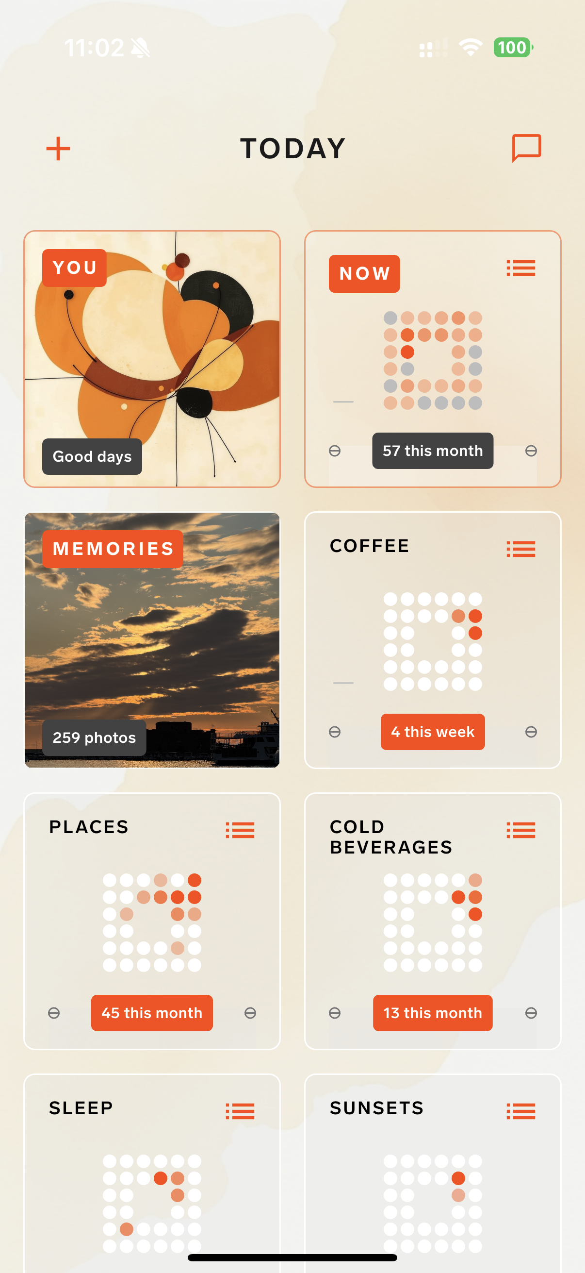 Habita app — today view showing emotion maps, memories, places, and more